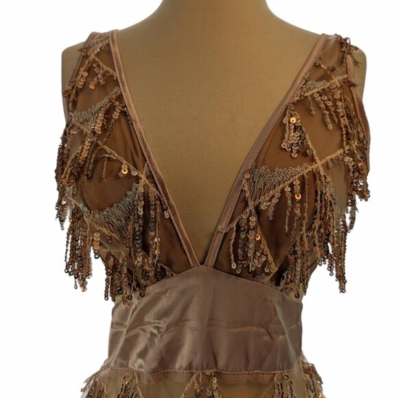 Dress L Sequin Tassel Fringe Sheer Mesh Champaign Louisa Mini Bella Barnett New - Picture 7 of 9